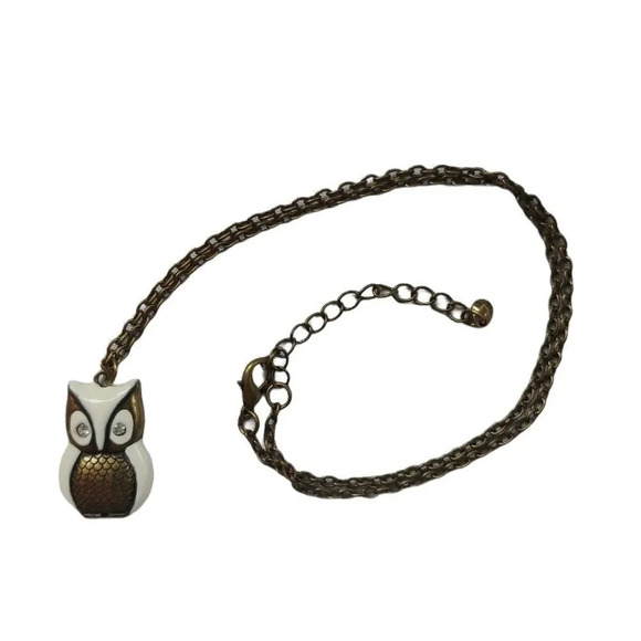 Owl Pendant Necklace and Chain, White/Bronze - Picture 2 of 4